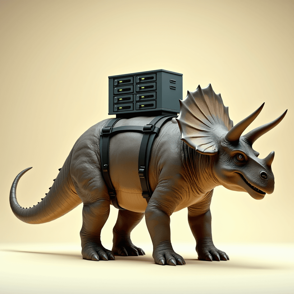 Triceratops mit einem Server-Rack auf dem Rücken — mit der Lupe wird das Skelett sichtbar