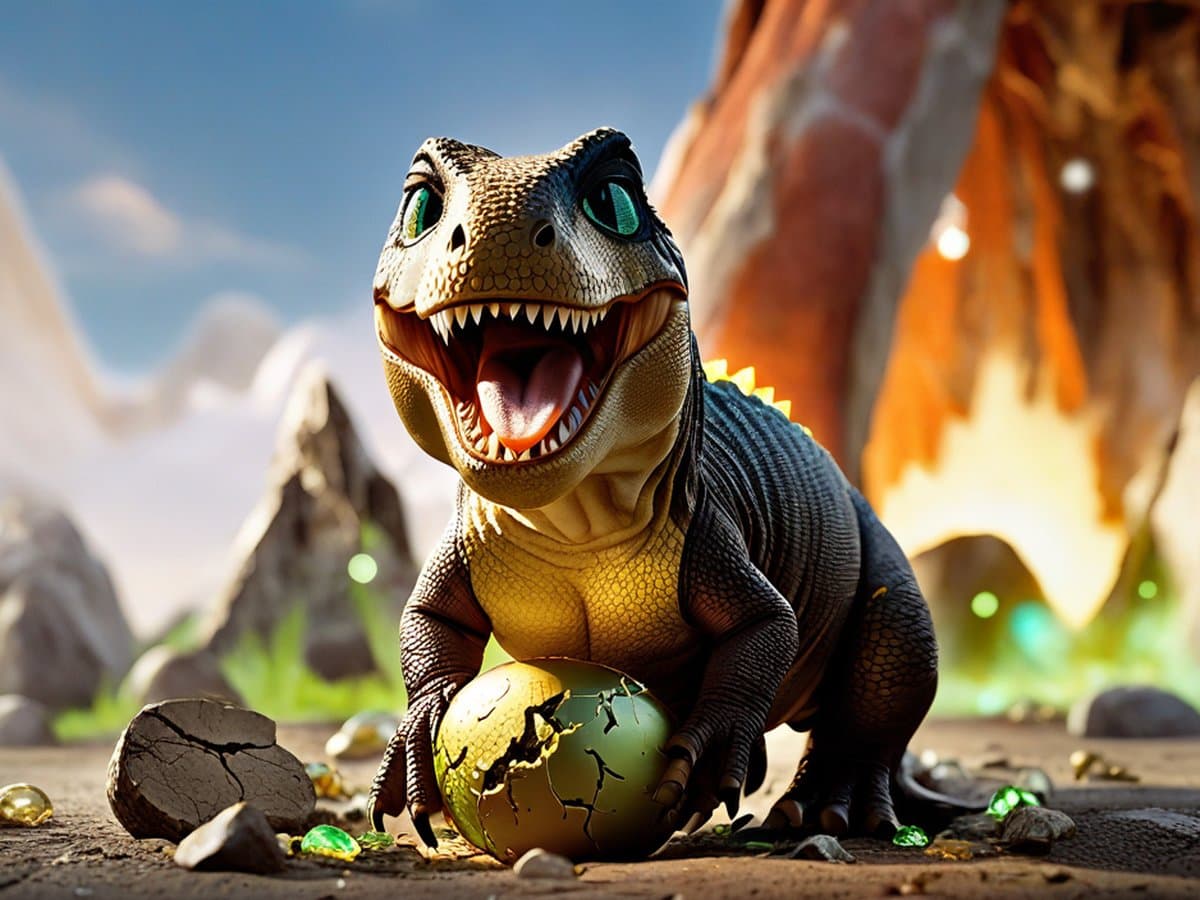 Baby-T-Rex schlüpft aus dem Ei, Vulkan im Hintergrund