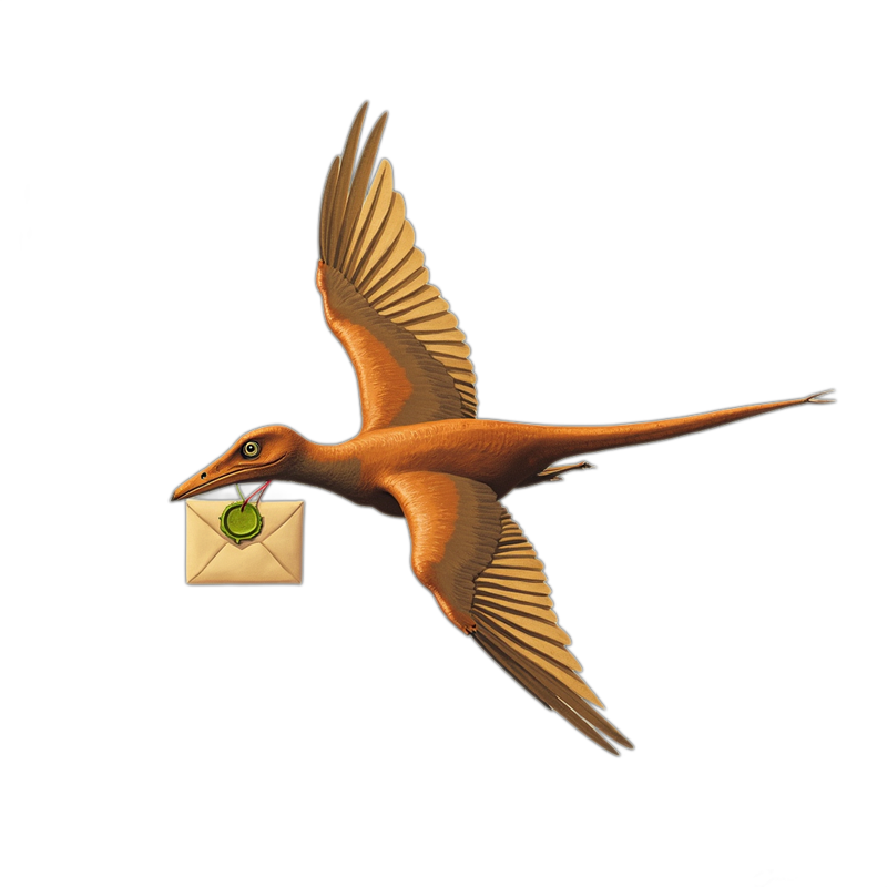 Pteranodon im Flug mit einem cream-farbenen Brief im Schnabel und lime-gruenem Siegel